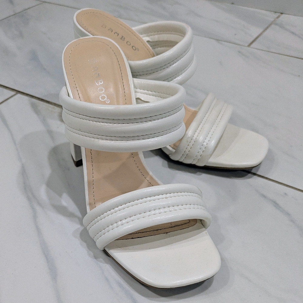 BAMBOO White Triple-Strap Block Heel Sandals - Sz 7